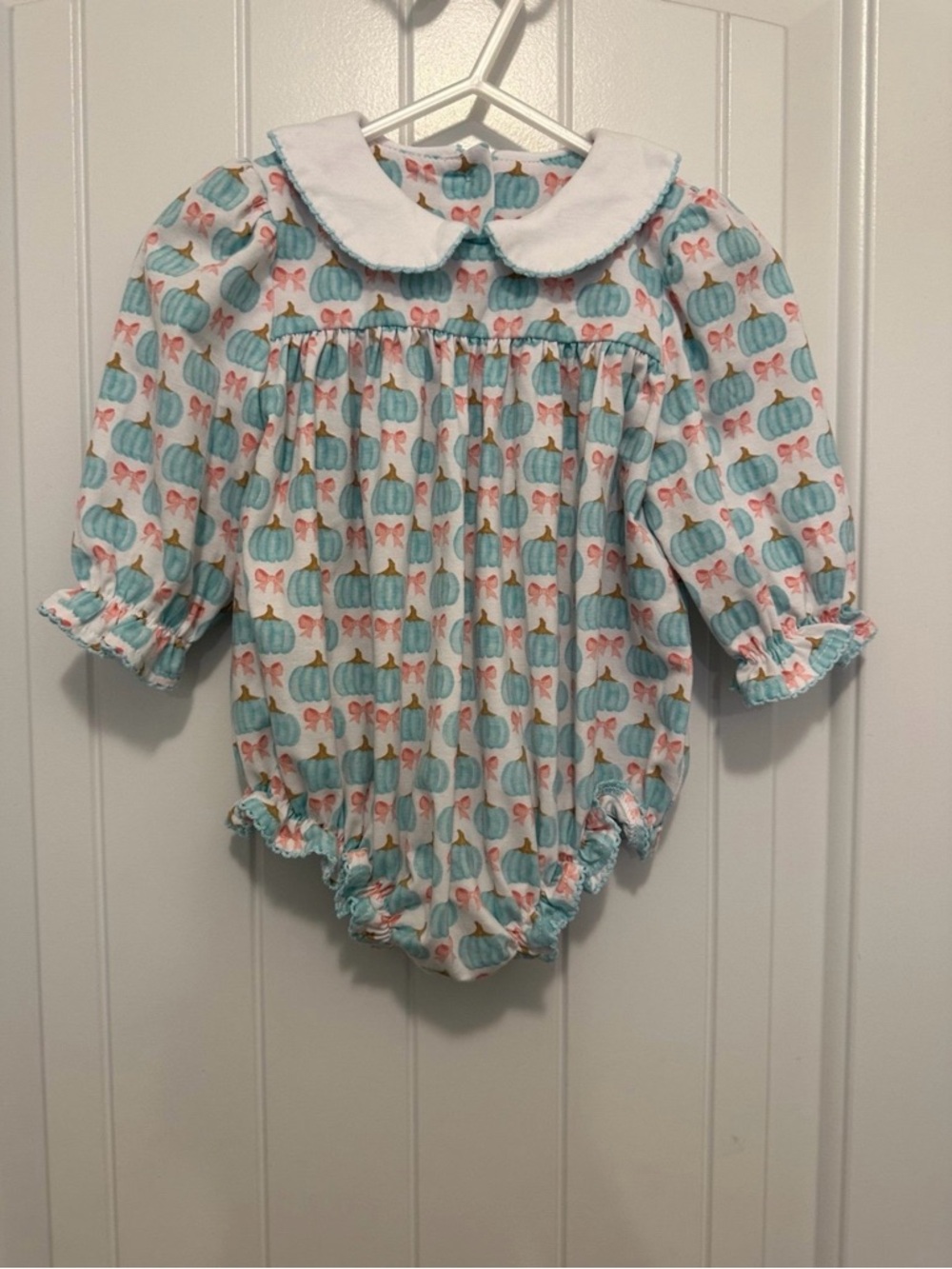 Sage and Lilly Blue Pumpkin Print Peter Pan Collar Baby One-Piece 6 mo